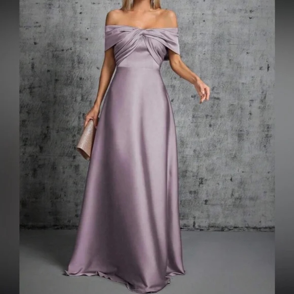 Luxe Satin Off Shoulder Evening Prom Party Formal Wedding Dress - Picture 2 of 16